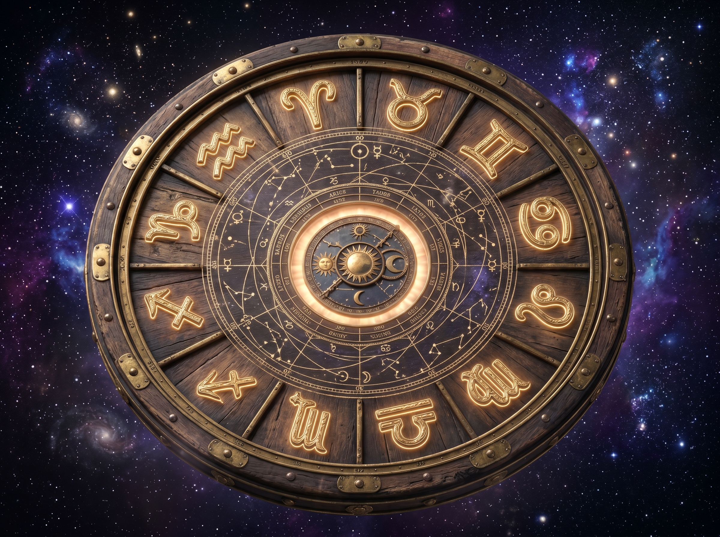 Ancient astrological zodiac wheel with golden zodiac symbols set against a cosmic star field