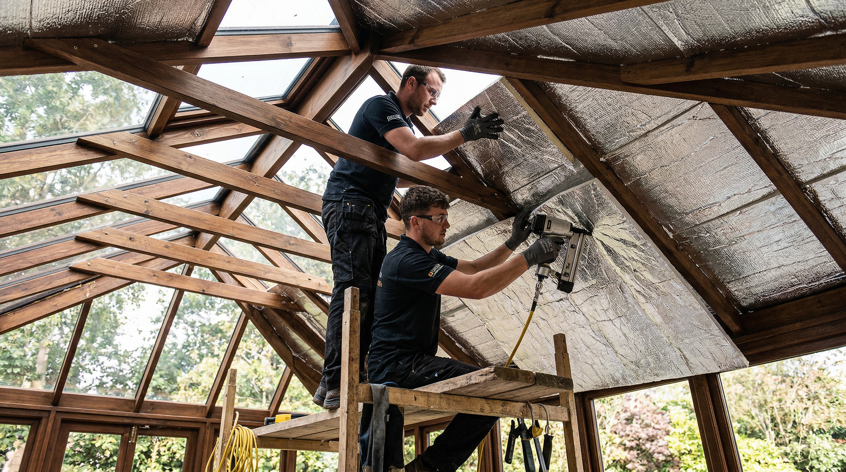 Active Windows team installing conservatory roof insulation with silver foil between timber battens