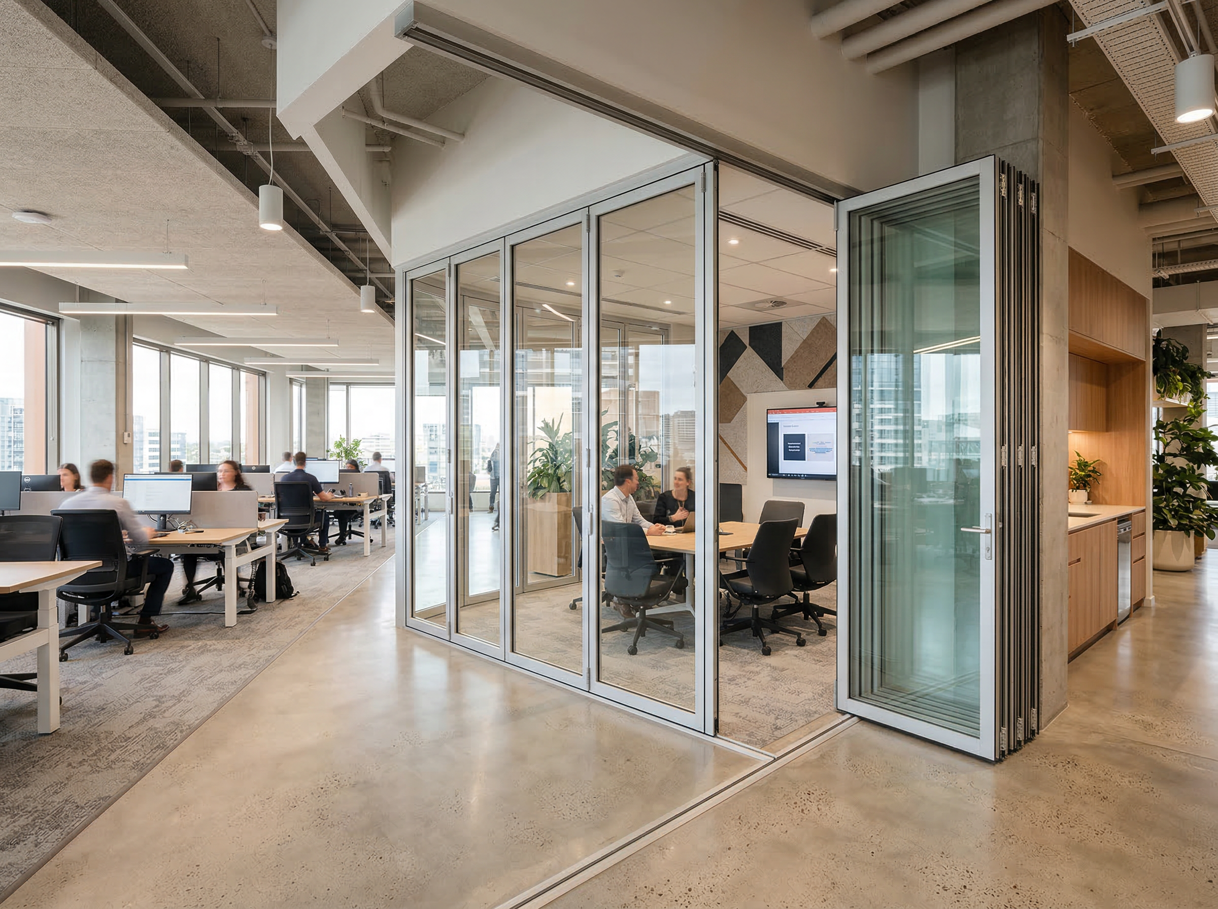 MG500 glazed folding partition creating a private meeting room within an open plan office