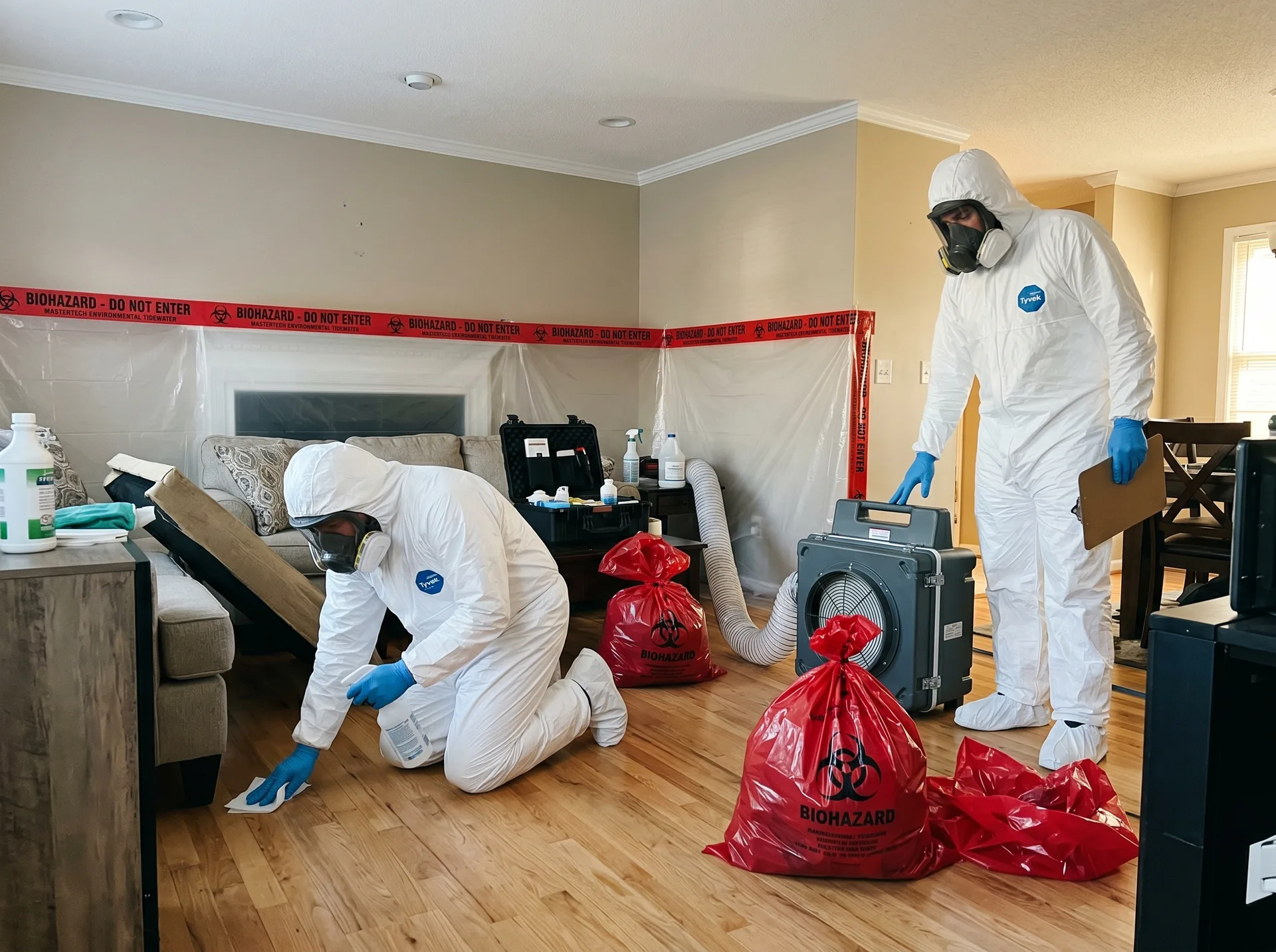 Biohazard cleanup team working in a Poquoson residence with containment and protective gear