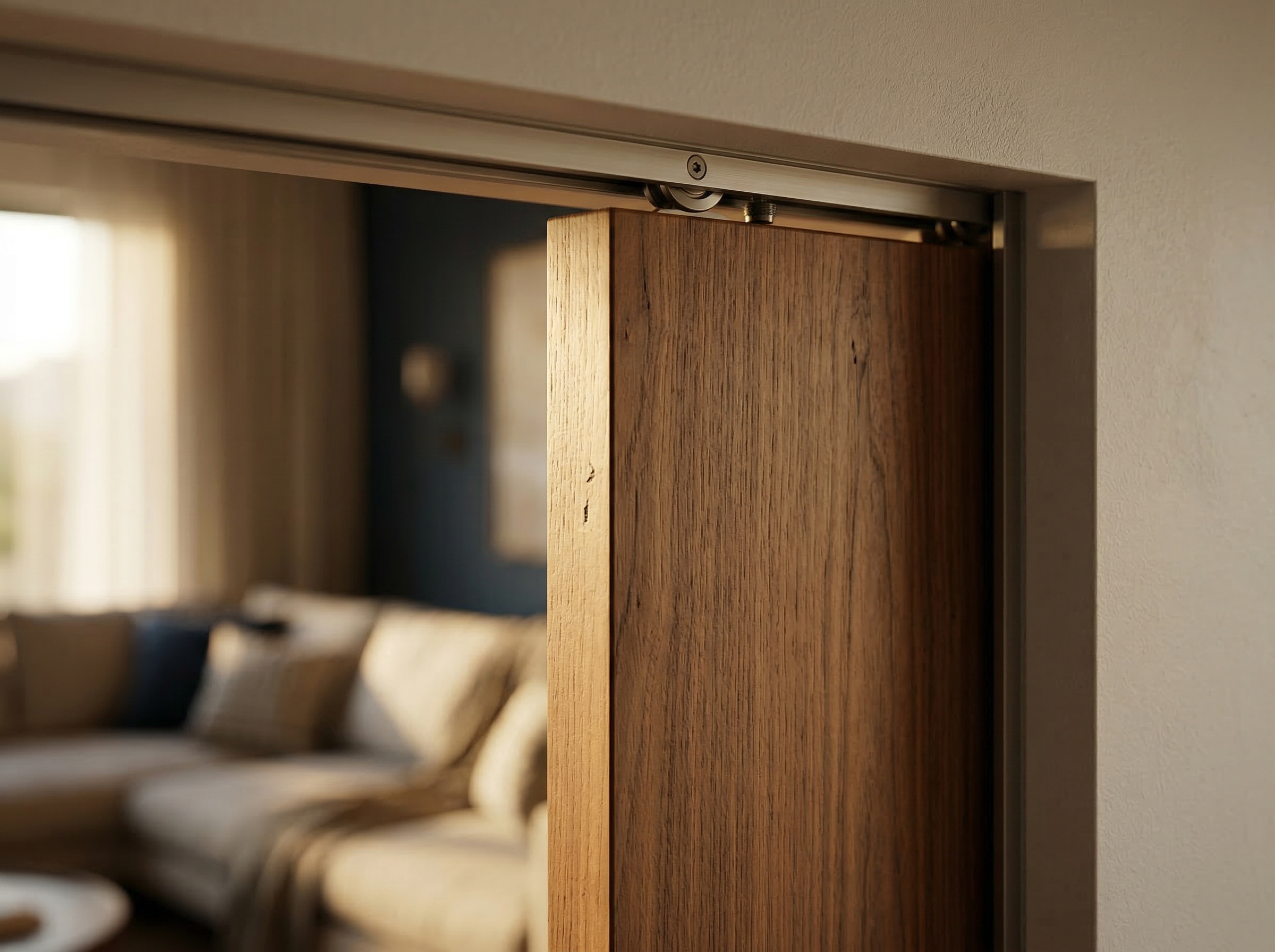 Close-up of MG400 veneer panel edge and top-hung track mechanism