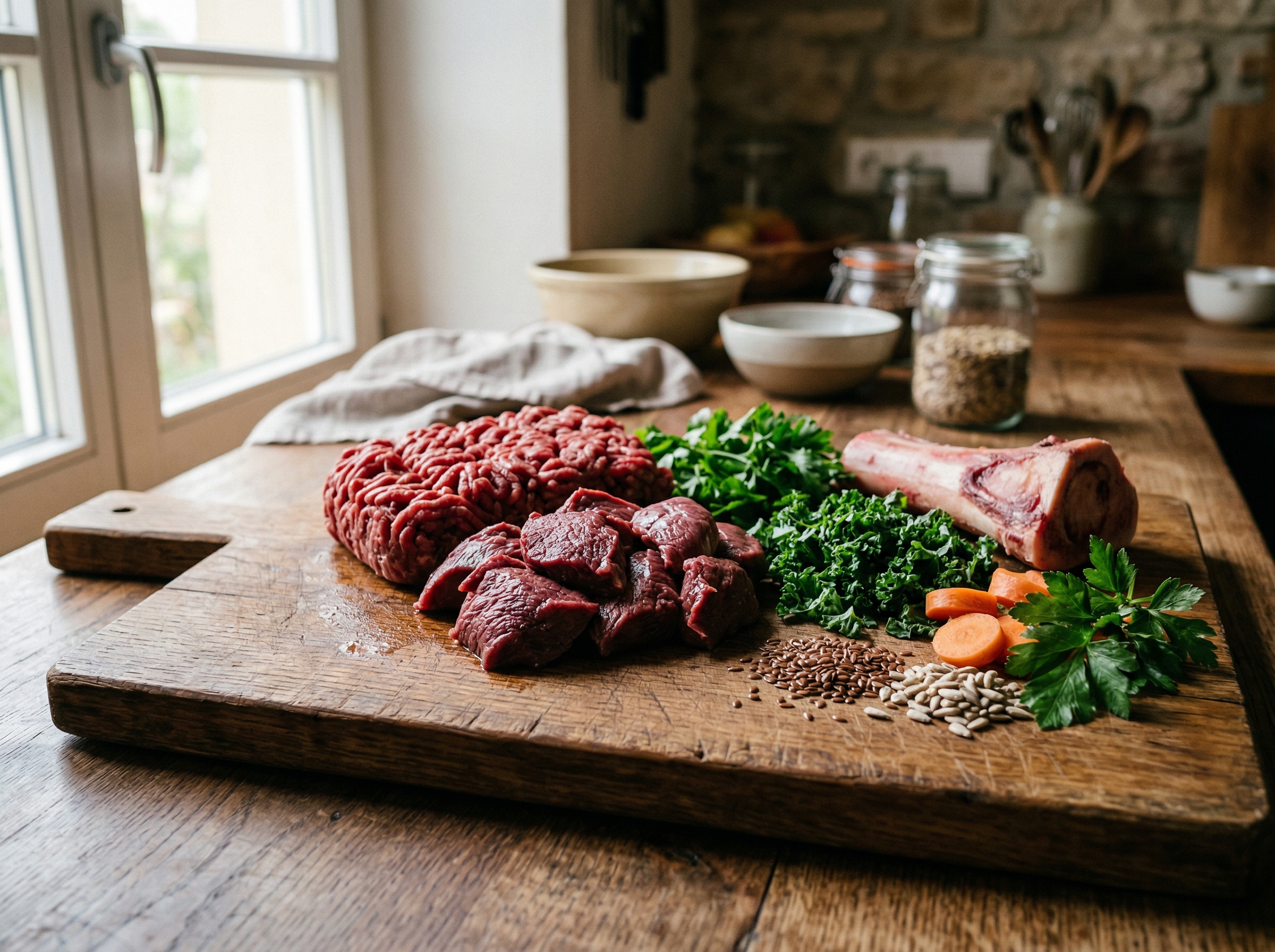 Frische BARF-Zutaten: Rohes Fleisch, Knochen und Gemüse auf einem Holzbrett