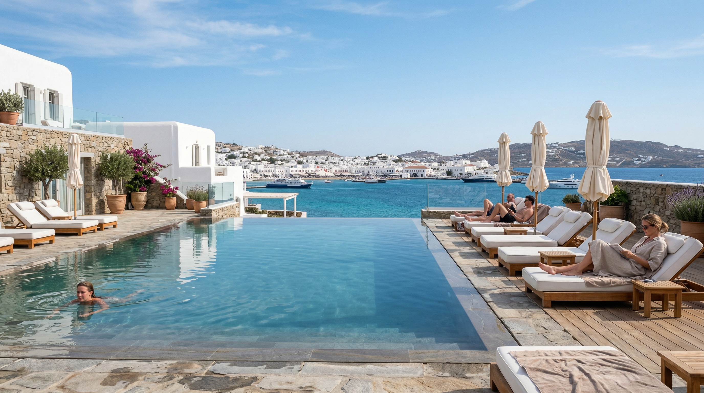 Luxury boutique hotel infinity pool in Mykonos with sun loungers and views over the harbour and Aegean Sea