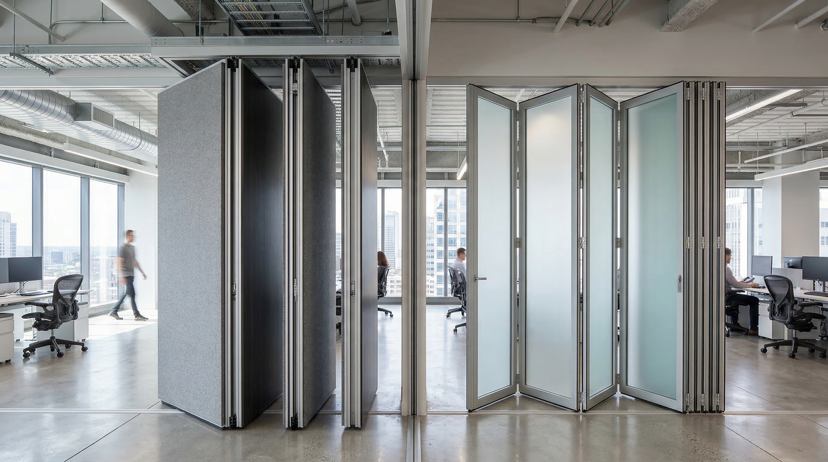 Movable acoustic wall system and folding partition comparison in a modern commercial office interior