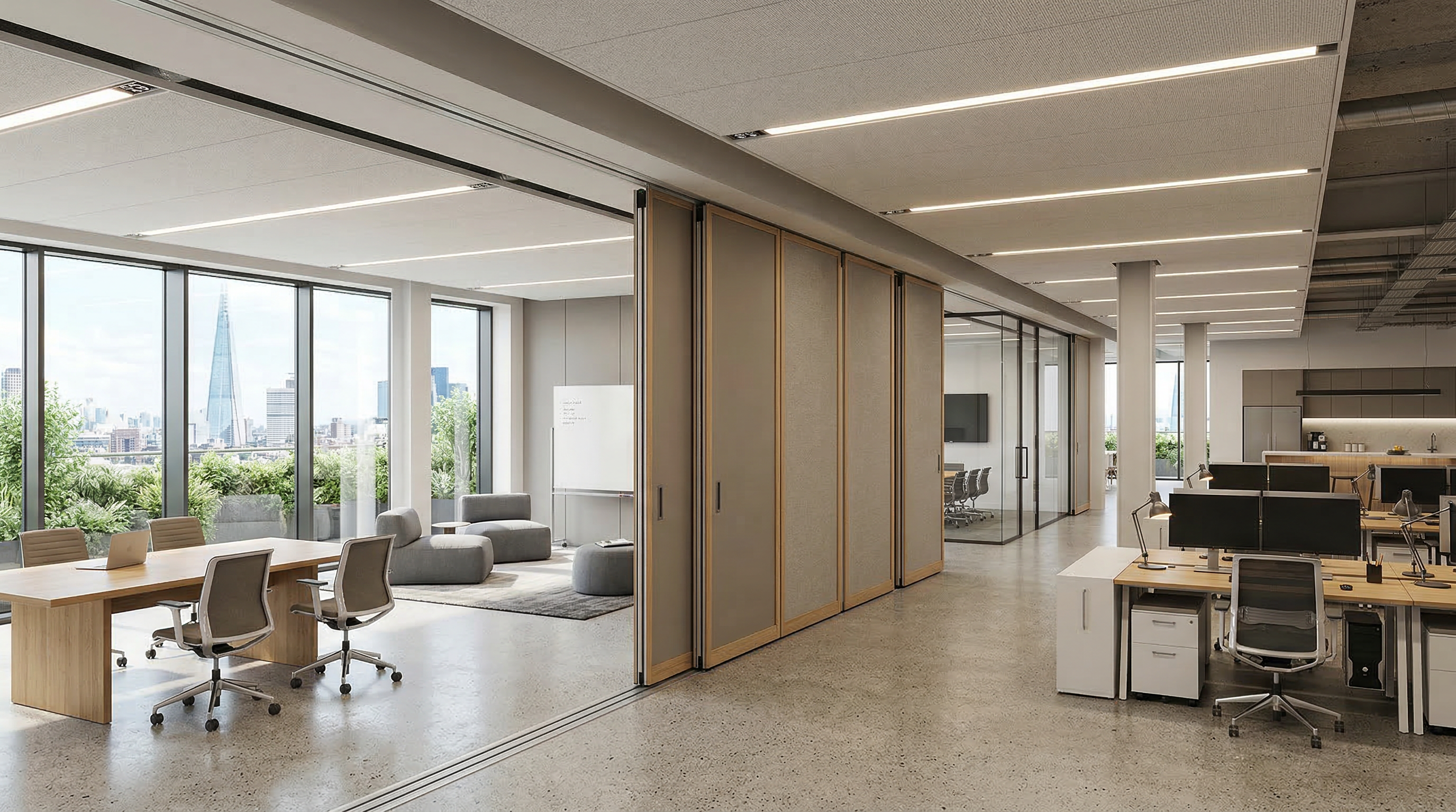 Modern office with MG400 sliding wall partition system installed