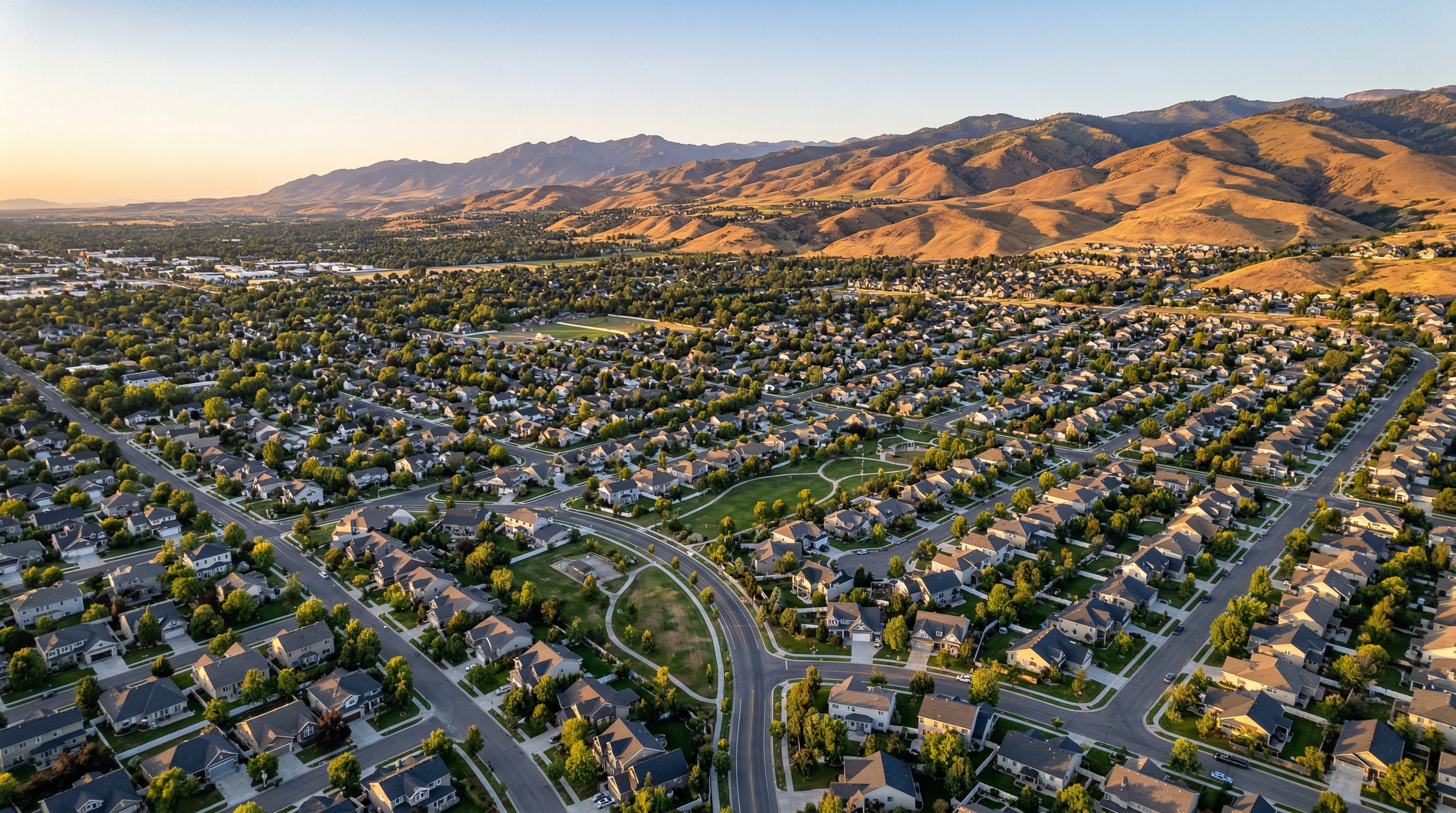 Aerial view of Treasure Valley Idaho neighborhoods with Boise foothills
