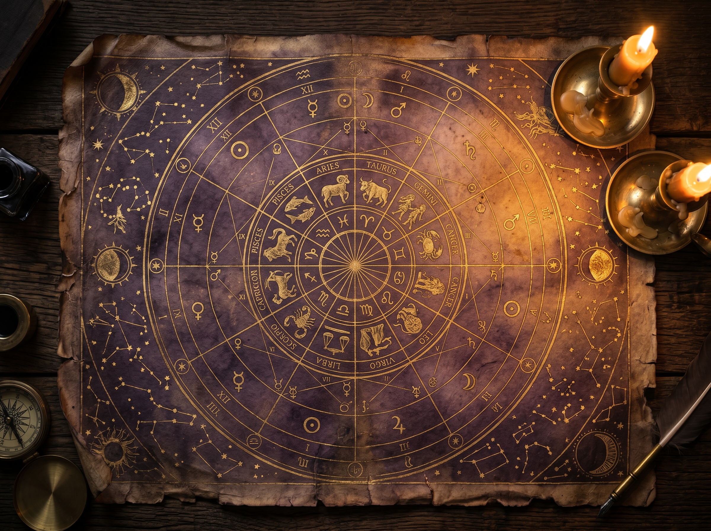 Ancient astrological chart with zodiac wheel and golden symbols on aged parchment by candlelight