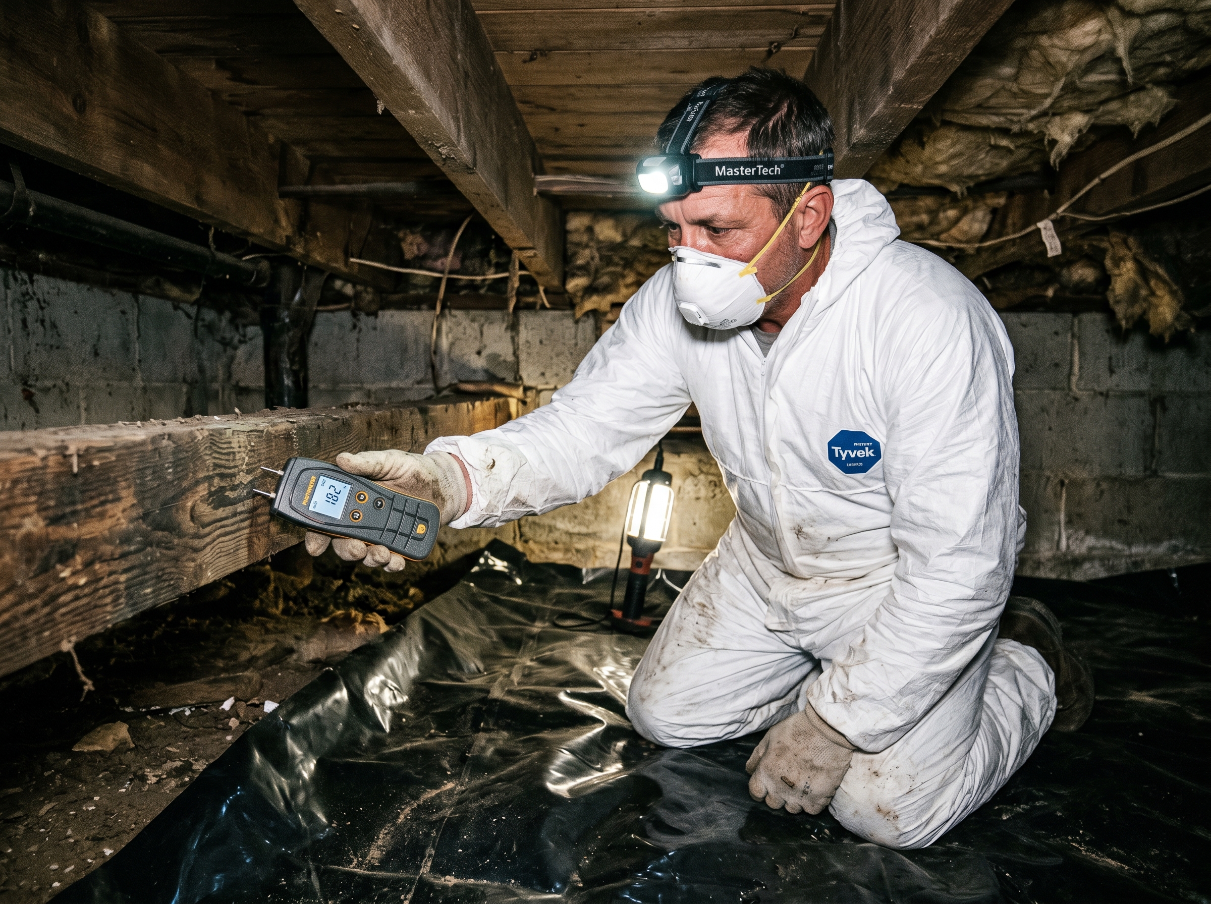 Certified mold inspector using moisture meter on crawl space floor joist