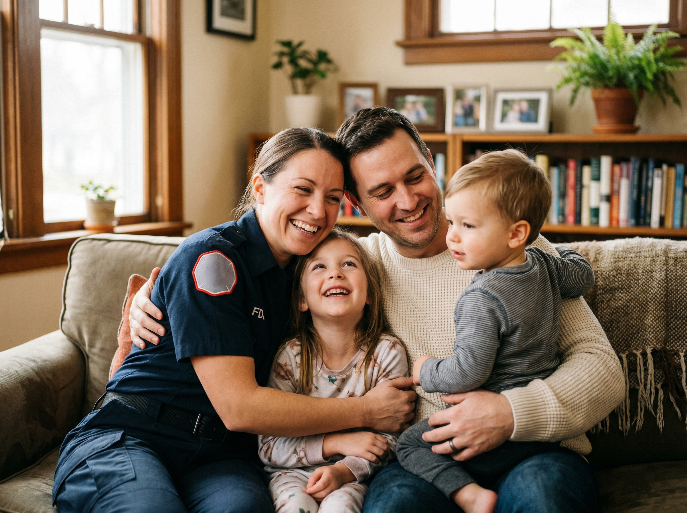 First responder in uniform embracing family at home - spouse and two children smiling together